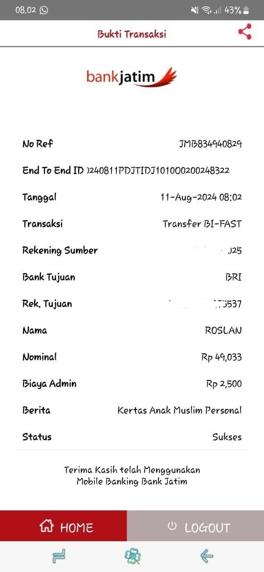 Bukti Transfer BJB - Kertas Anak Muslim